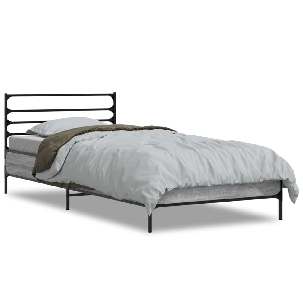 Bedframe bewerkt hout en metaal grijs sonoma eiken 75x190 cm is nu te koop bij PeponiXL, paradijselijk wonen!