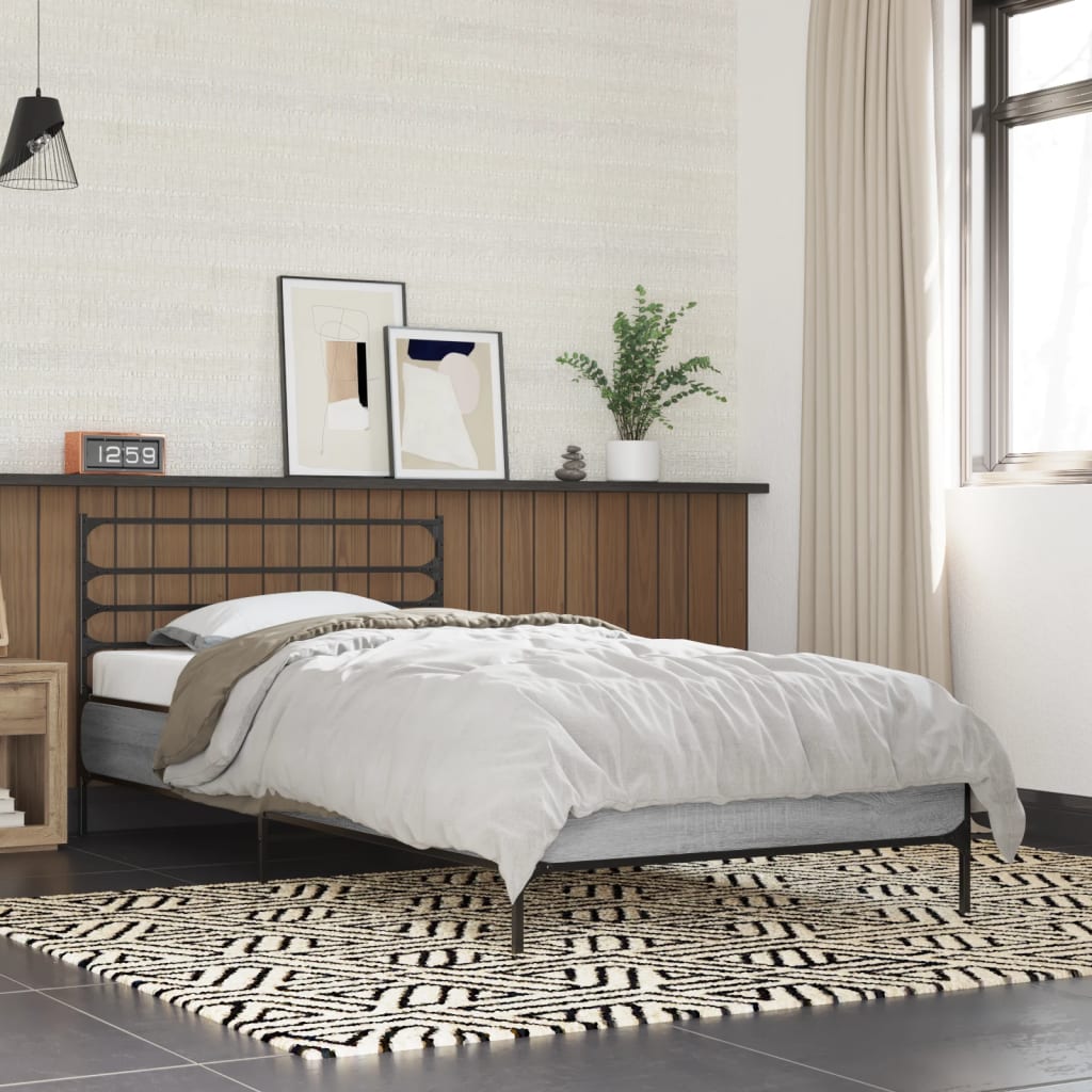 Bedframe bewerkt hout en metaal grijs sonoma eiken 75x190 cm is nu te koop bij PeponiXL, paradijselijk wonen!