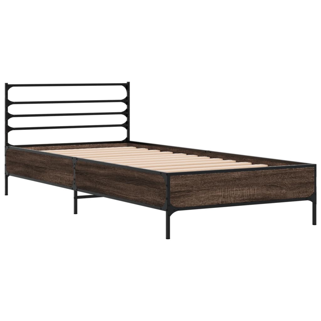Bedframe bewerkt hout en metaal bruin eikenkleurig 75x190 cm is nu te koop bij PeponiXL, paradijselijk wonen!