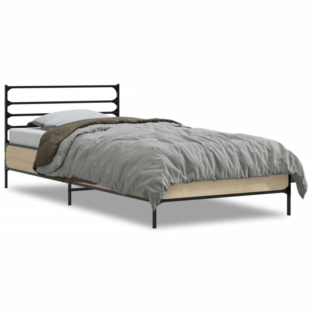Bedframe bewerkt hout en metaal sonoma eikenkleurig 90x190 cm is nu te koop bij PeponiXL, paradijselijk wonen!