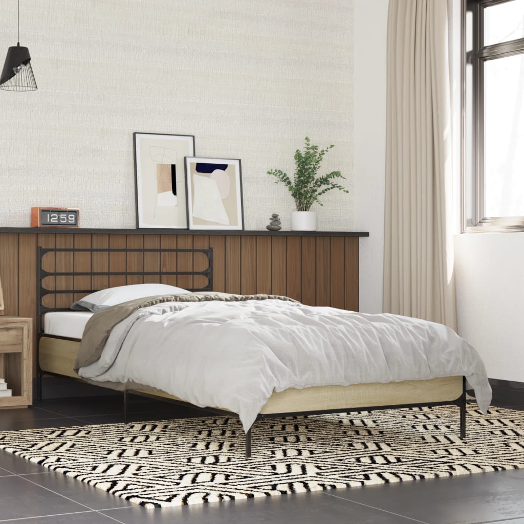 Bedframe bewerkt hout en metaal sonoma eikenkleurig 90x190 cm is nu te koop bij PeponiXL, paradijselijk wonen!