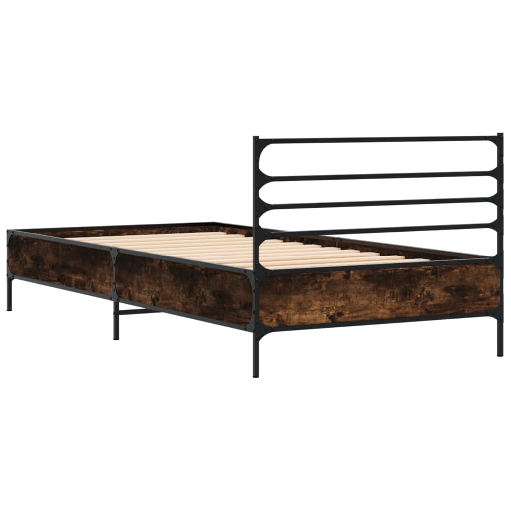 Bedframe bewerkt hout en metaal gerookt eikenkleurig 90x190 cm is nu te koop bij PeponiXL, paradijselijk wonen!