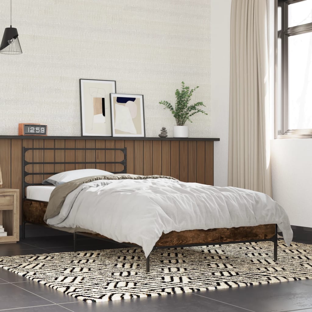Bedframe bewerkt hout en metaal gerookt eikenkleurig 90x190 cm is nu te koop bij PeponiXL, paradijselijk wonen!