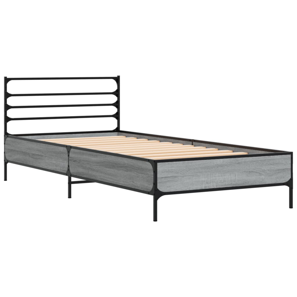 Bedframe bewerkt hout en metaal grijs sonoma eiken 90x190 cm is nu te koop bij PeponiXL, paradijselijk wonen!