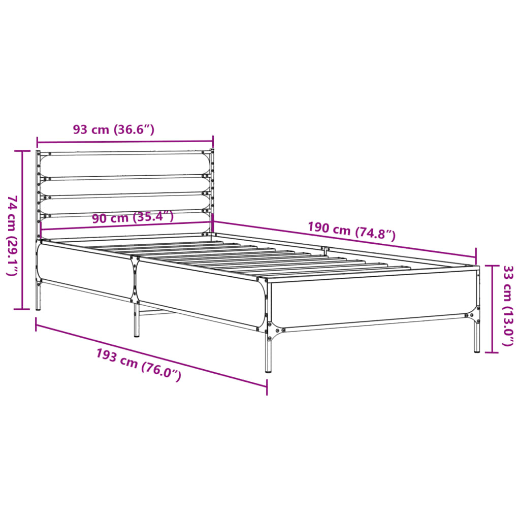 Bedframe bewerkt hout en metaal grijs sonoma eiken 90x190 cm is nu te koop bij PeponiXL, paradijselijk wonen!