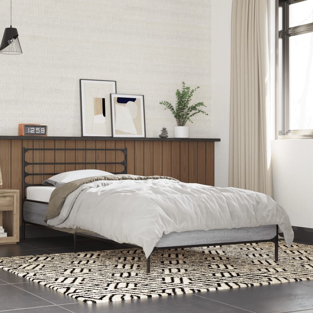 Bedframe bewerkt hout en metaal grijs sonoma eiken 90x190 cm is nu te koop bij PeponiXL, paradijselijk wonen!