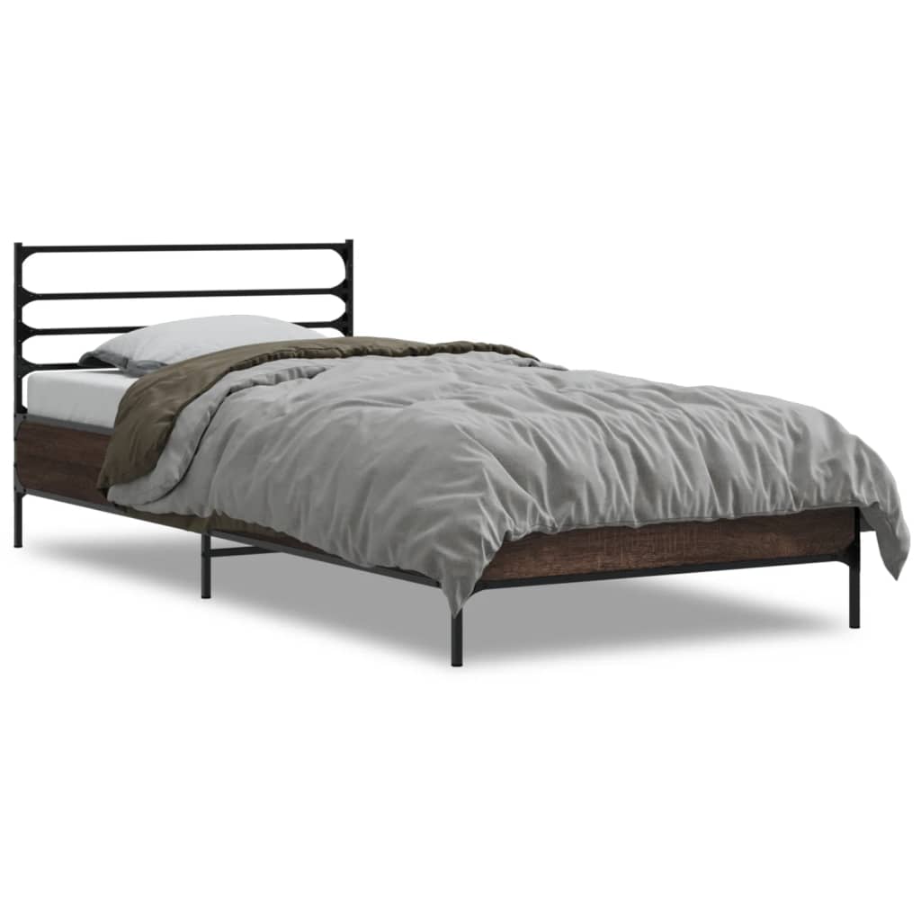 Bedframe bewerkt hout en metaal bruin eikenkleurig 90x190 cm is nu te koop bij PeponiXL, paradijselijk wonen!