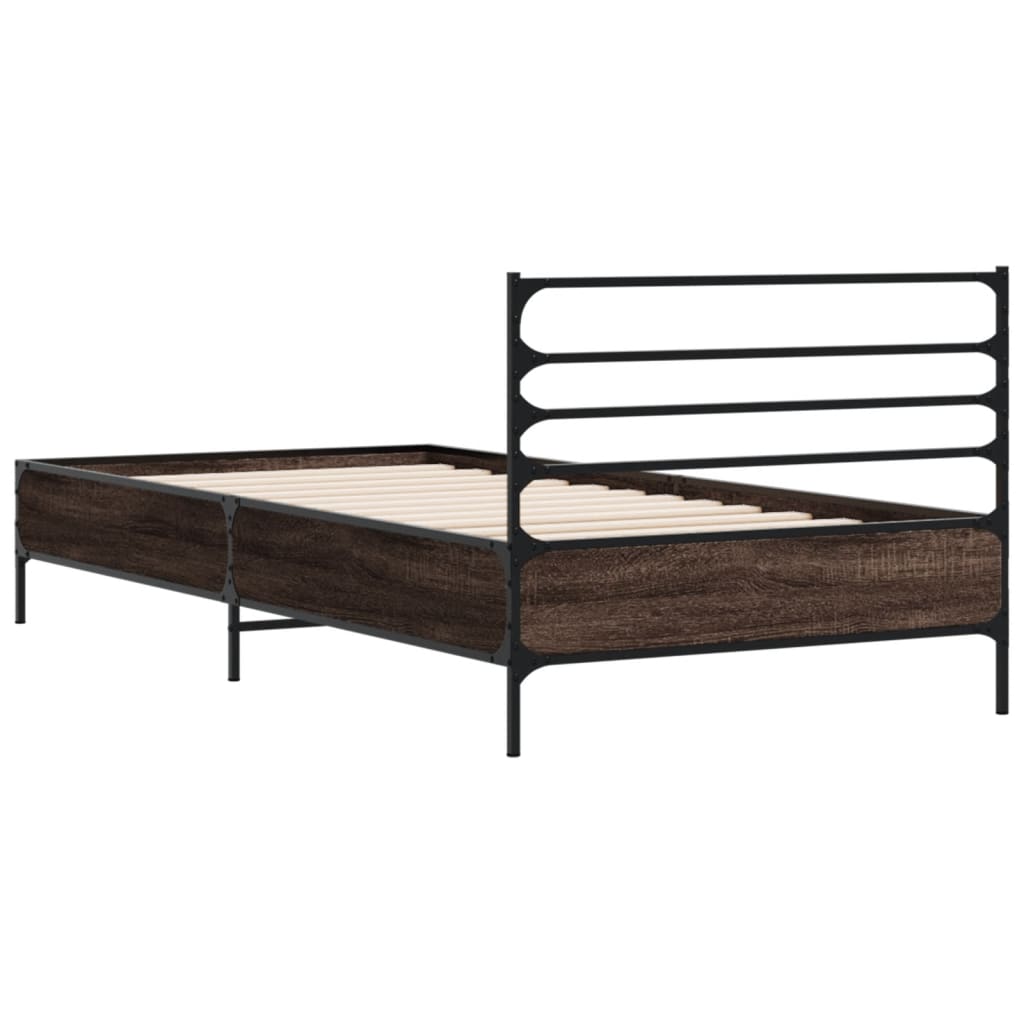 Bedframe bewerkt hout en metaal bruin eikenkleurig 90x190 cm is nu te koop bij PeponiXL, paradijselijk wonen!