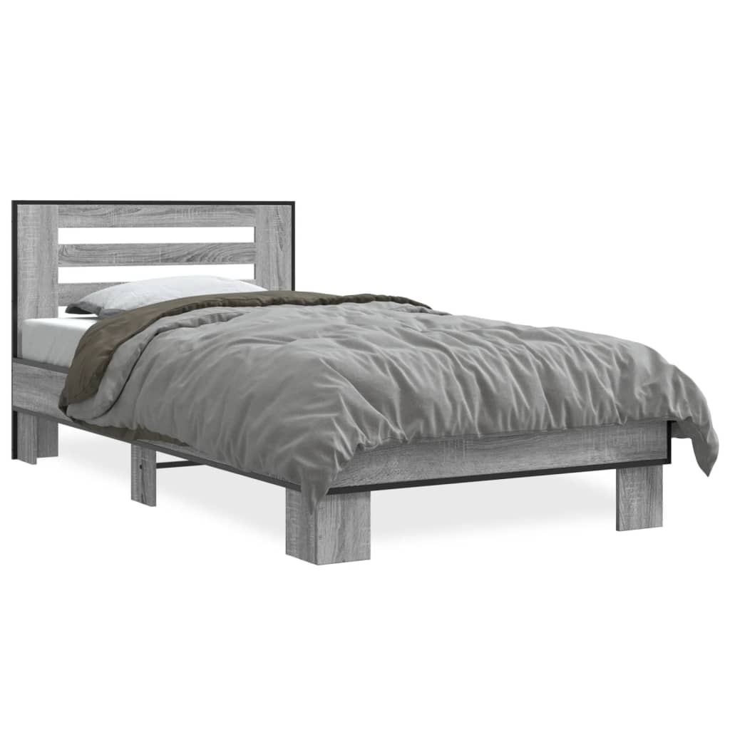 Bedframe bewerkt hout en metaal grijs sonoma eiken 100x200 cm is nu te koop bij PeponiXL, paradijselijk wonen!
