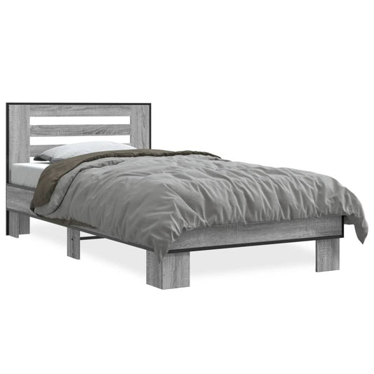 Bedframe bewerkt hout en metaal grijs sonoma eiken 100x200 cm is nu te koop bij PeponiXL, paradijselijk wonen!