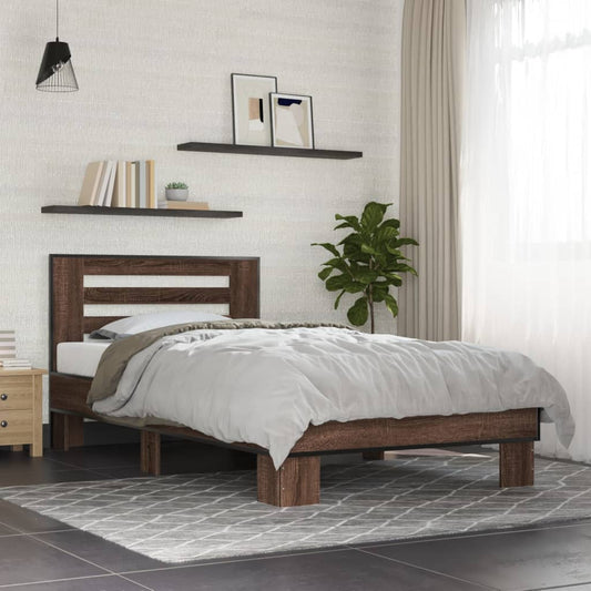 Bedframe bewerkt hout en metaal bruin eikenkleurig 100x200 cm is nu te koop bij PeponiXL, paradijselijk wonen!