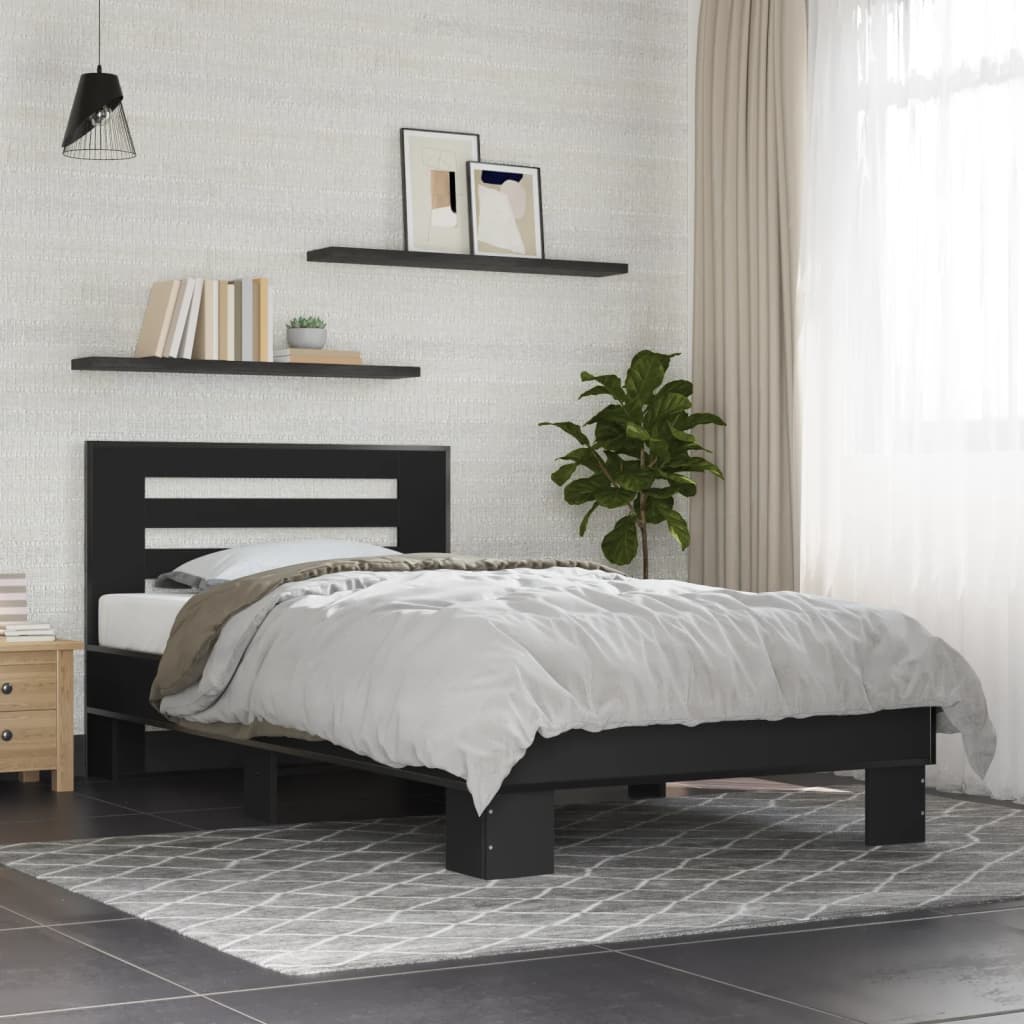 Bedframe bewerkt hout en metaal zwart 75x190 cm is nu te koop bij PeponiXL, paradijselijk wonen!