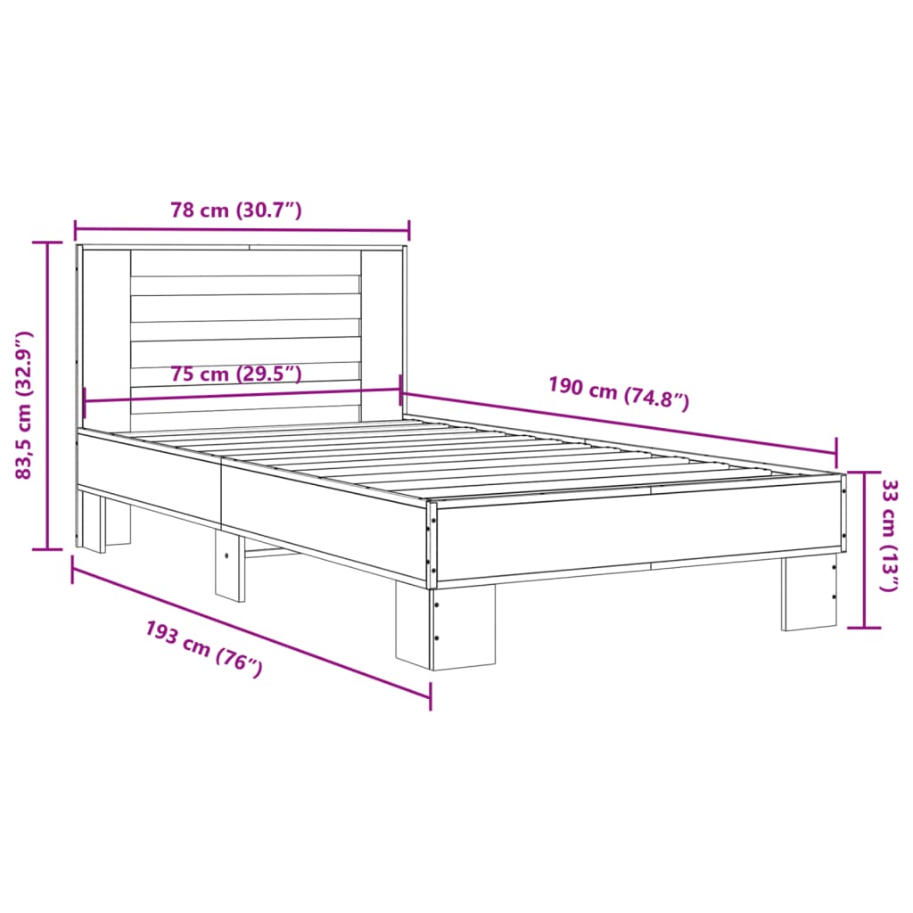 Bedframe bewerkt hout en metaal zwart 75x190 cm is nu te koop bij PeponiXL, paradijselijk wonen!
