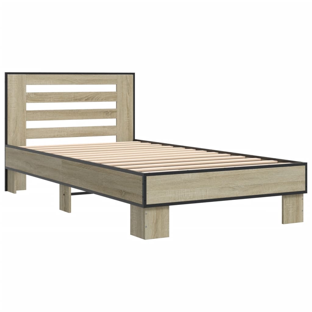 Bedframe bewerkt hout en metaal sonoma eikenkleurig 75x190 cm is nu te koop bij PeponiXL, paradijselijk wonen!