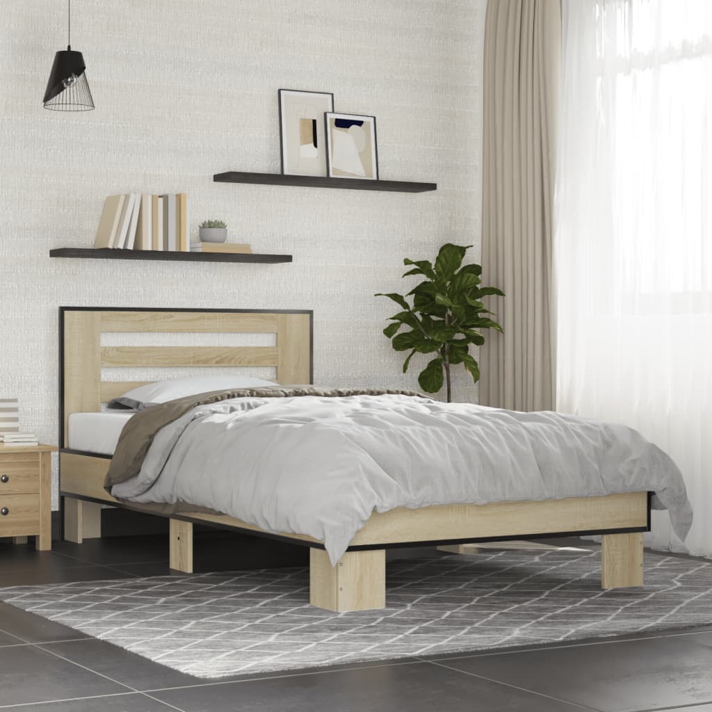 Bedframe bewerkt hout en metaal sonoma eikenkleurig 75x190 cm is nu te koop bij PeponiXL, paradijselijk wonen!