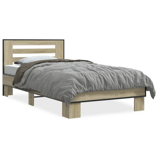 Bedframe bewerkt hout en metaal sonoma eikenkleurig 75x190 cm is nu te koop bij PeponiXL, paradijselijk wonen!