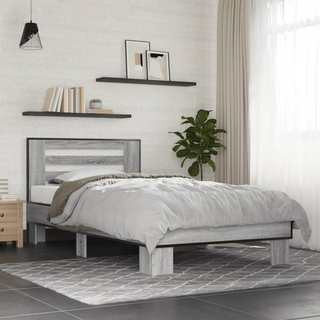 Bedframe bewerkt hout en metaal grijs sonoma eiken 75x190 cm is nu te koop bij PeponiXL, paradijselijk wonen!