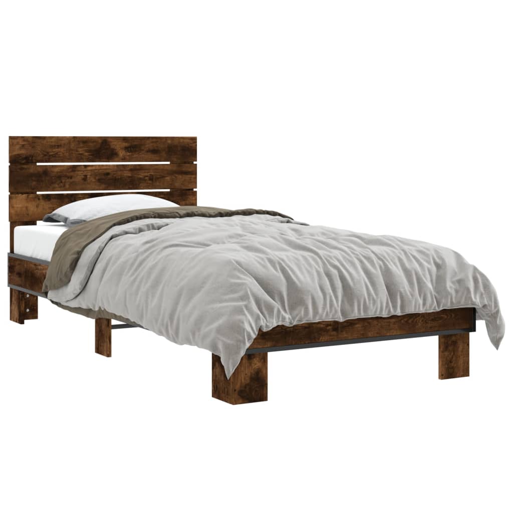 Bedframe bewerkt hout en metaal gerookt eikenkleurig 100x200 cm is nu te koop bij PeponiXL, paradijselijk wonen!
