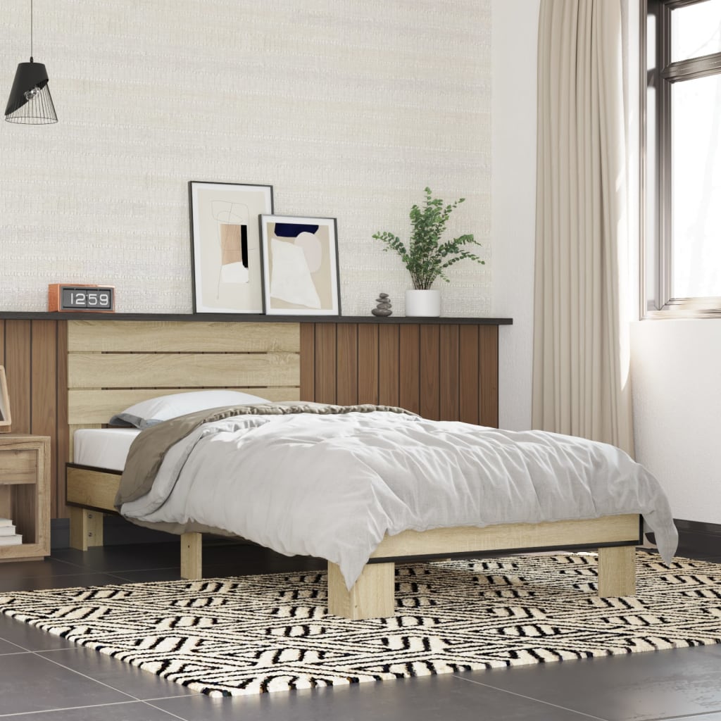 Bedframe bewerkt hout en metaal sonoma eikenkleurig 90x200 cm is nu te koop bij PeponiXL, paradijselijk wonen!