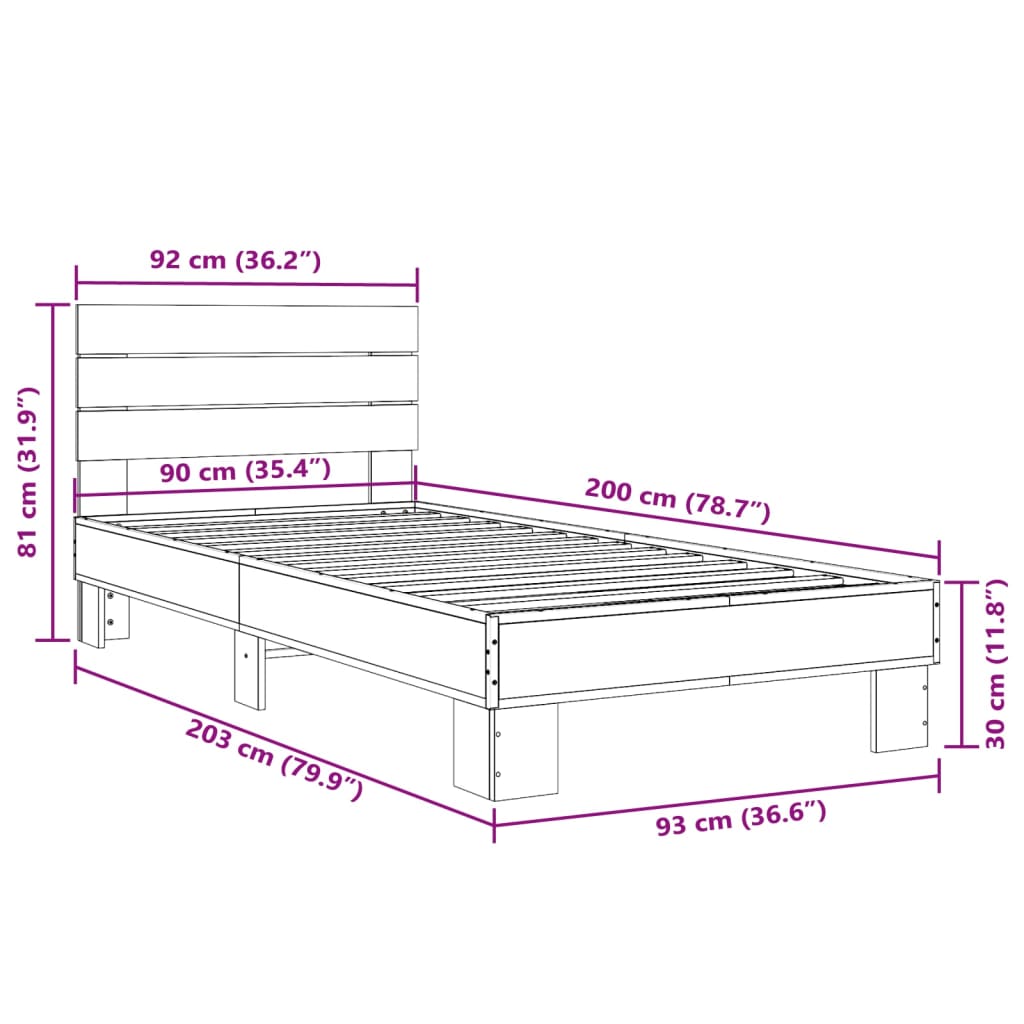 Bedframe bewerkt hout en metaal sonoma eikenkleurig 90x200 cm is nu te koop bij PeponiXL, paradijselijk wonen!