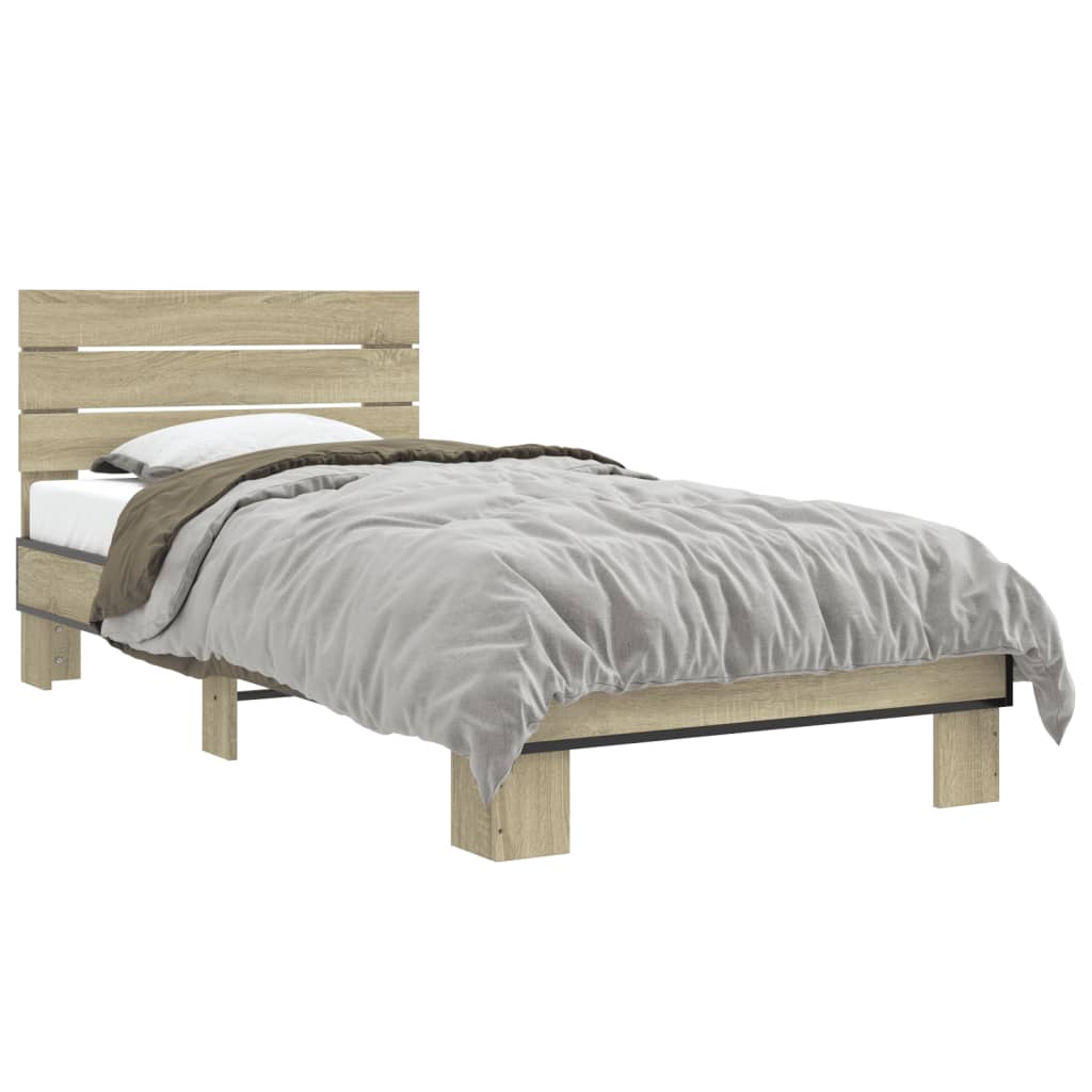 Bedframe bewerkt hout en metaal sonoma eikenkleurig 90x200 cm is nu te koop bij PeponiXL, paradijselijk wonen!