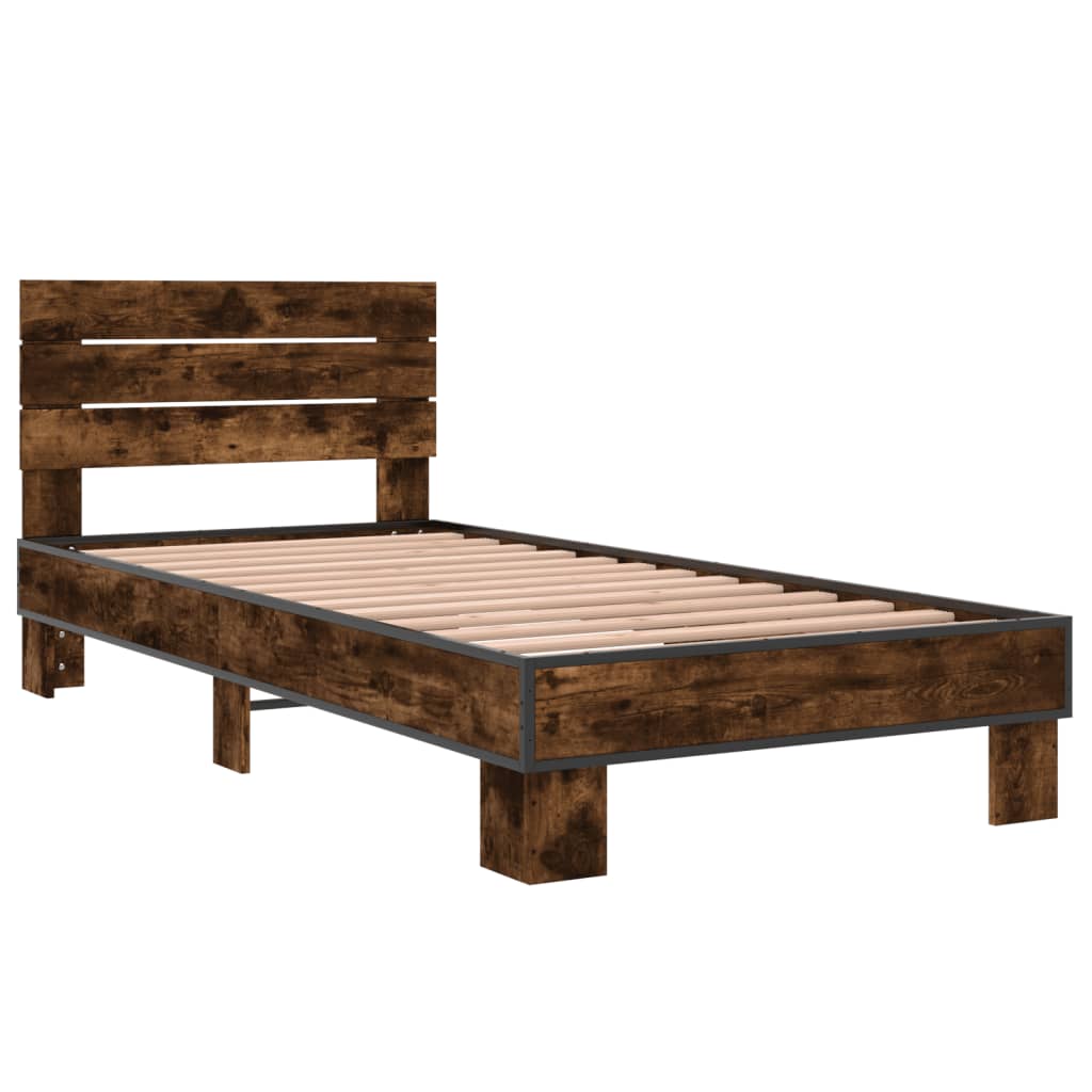 Bedframe bewerkt hout en metaal gerookt eikenkleurig 90x200 cm is nu te koop bij PeponiXL, paradijselijk wonen!