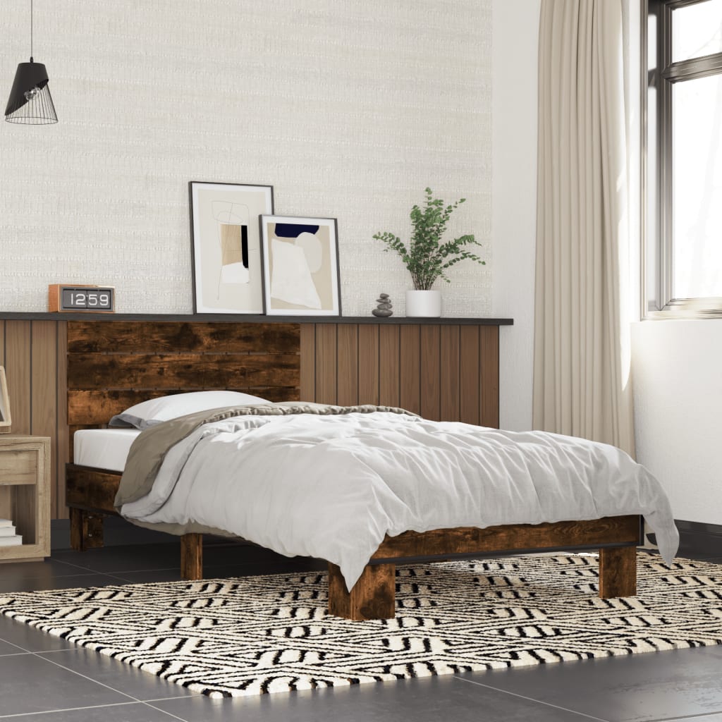Bedframe bewerkt hout en metaal gerookt eikenkleurig 90x200 cm is nu te koop bij PeponiXL, paradijselijk wonen!
