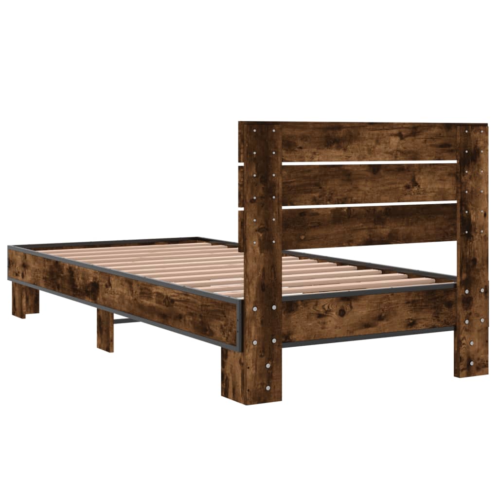 Bedframe bewerkt hout en metaal gerookt eikenkleurig 90x200 cm is nu te koop bij PeponiXL, paradijselijk wonen!