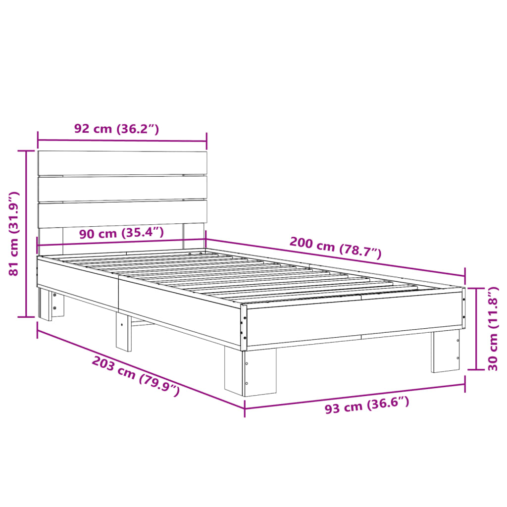 Bedframe bewerkt hout en metaal gerookt eikenkleurig 90x200 cm is nu te koop bij PeponiXL, paradijselijk wonen!