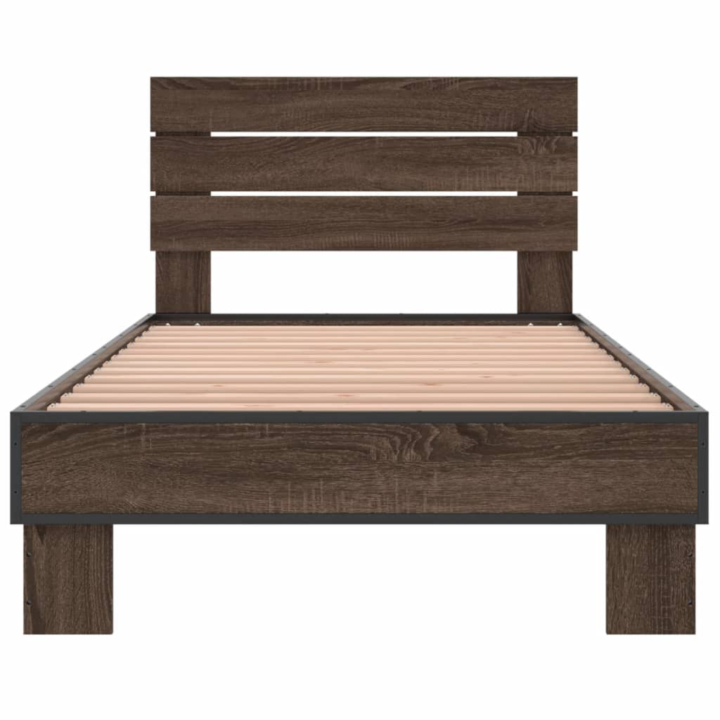 Bedframe bewerkt hout en metaal bruin eikenkleurig 90x200 cm is nu te koop bij PeponiXL, paradijselijk wonen!