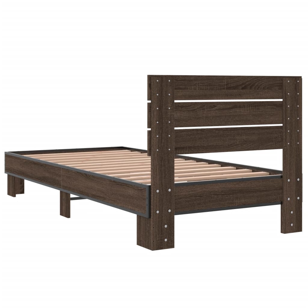 Bedframe bewerkt hout en metaal bruin eikenkleurig 90x200 cm is nu te koop bij PeponiXL, paradijselijk wonen!