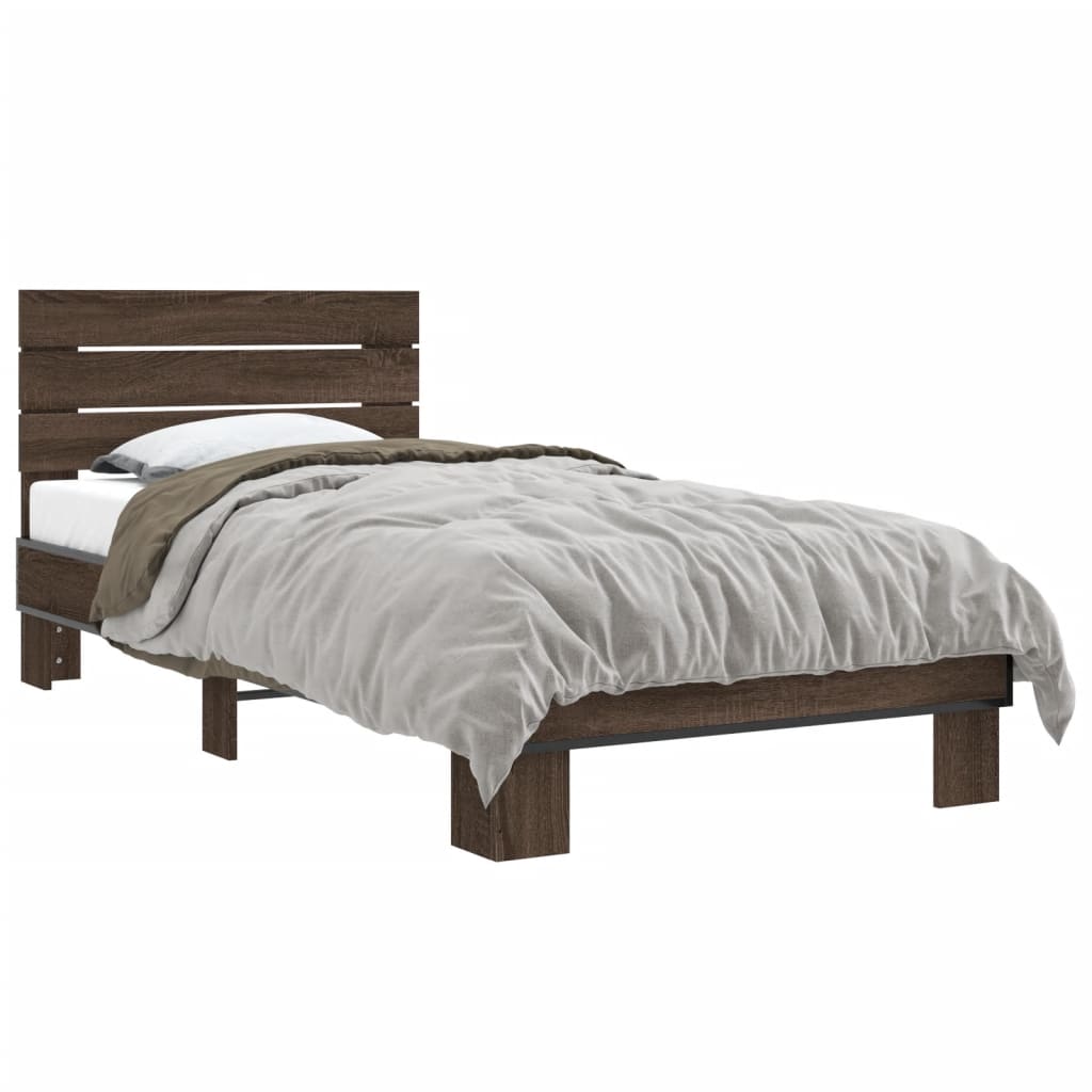 Bedframe bewerkt hout en metaal bruin eikenkleurig 90x200 cm is nu te koop bij PeponiXL, paradijselijk wonen!