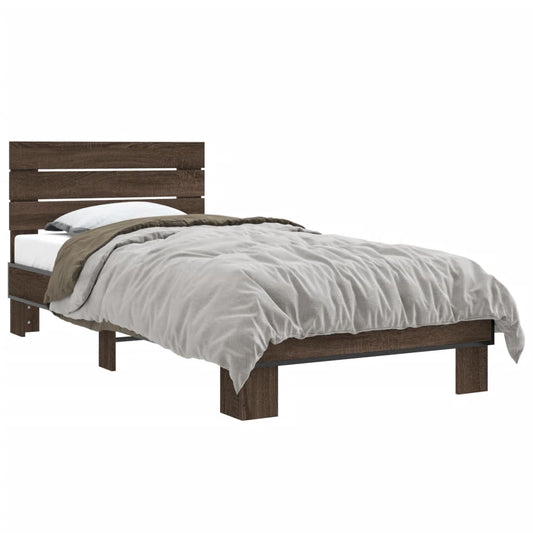 Bedframe bewerkt hout en metaal bruin eikenkleurig 90x200 cm is nu te koop bij PeponiXL, paradijselijk wonen!