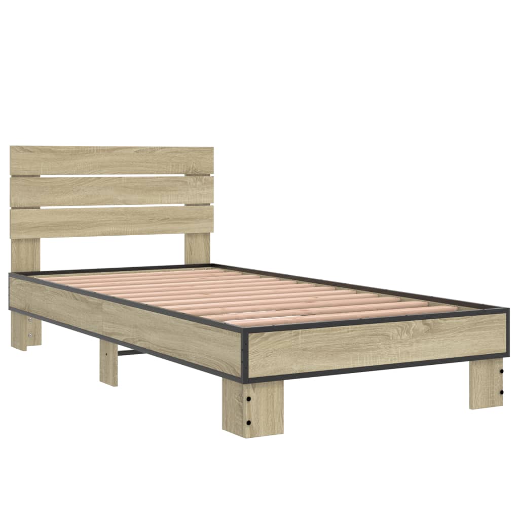 Bedframe bewerkt hout en metaal sonoma eikenkleurig 90x190 cm is nu te koop bij PeponiXL, paradijselijk wonen!