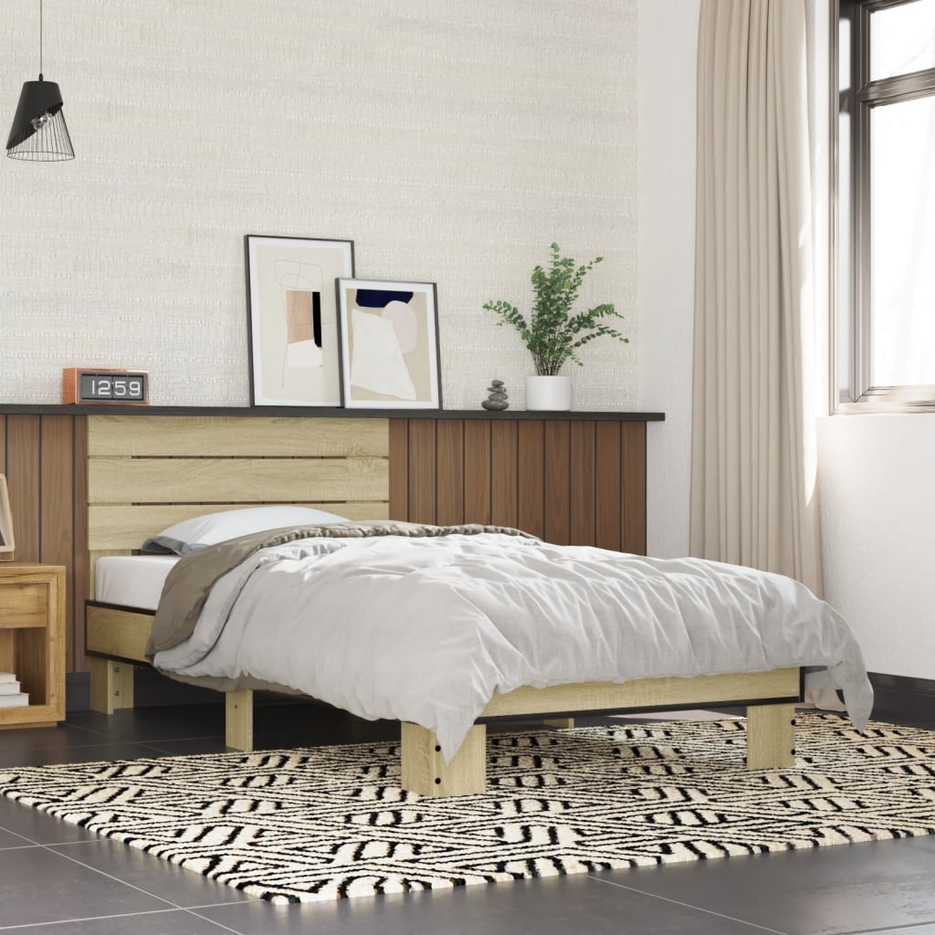 Bedframe bewerkt hout en metaal sonoma eikenkleurig 90x190 cm is nu te koop bij PeponiXL, paradijselijk wonen!