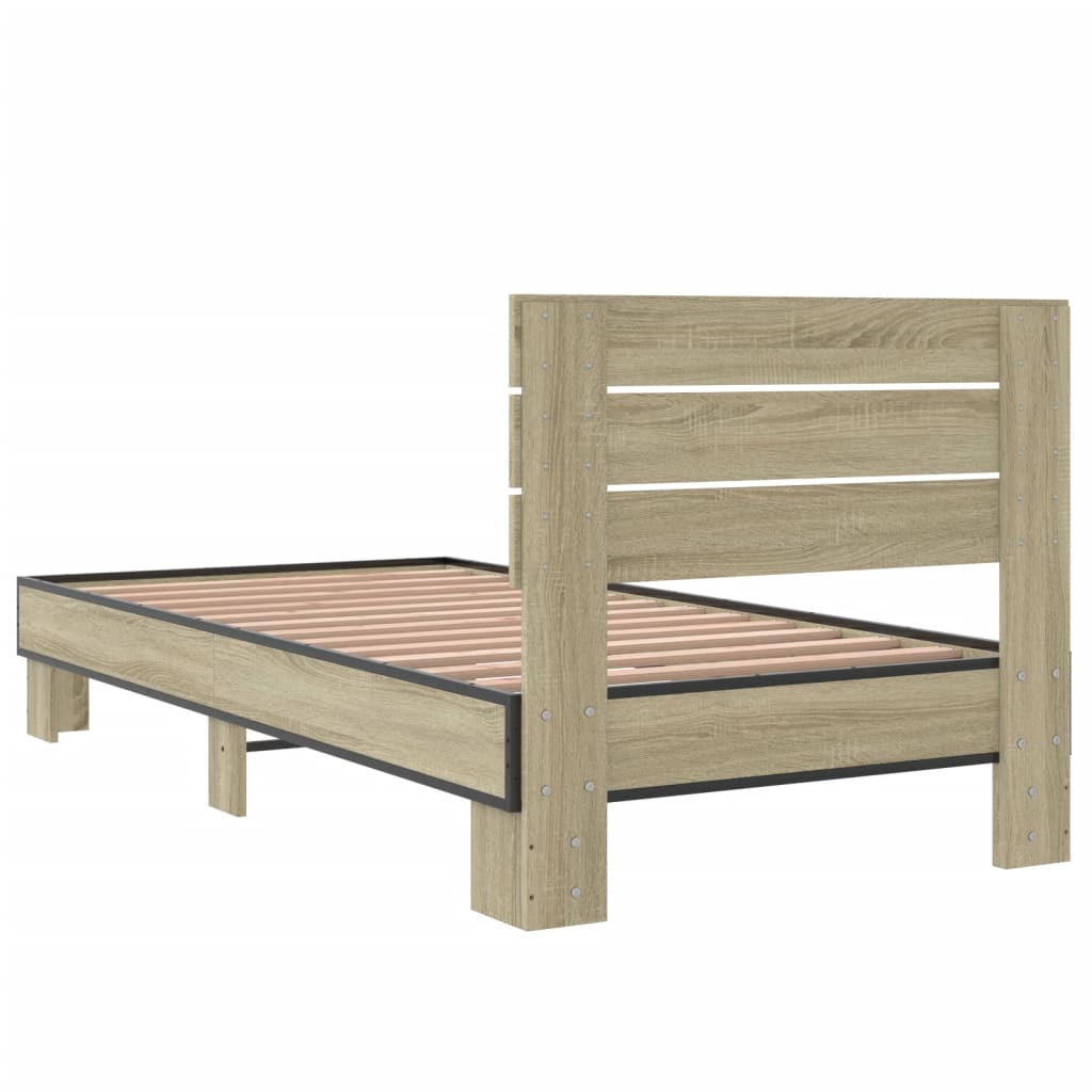 Bedframe bewerkt hout en metaal sonoma eikenkleurig 90x190 cm is nu te koop bij PeponiXL, paradijselijk wonen!