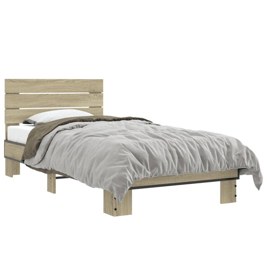 Bedframe bewerkt hout en metaal sonoma eikenkleurig 90x190 cm is nu te koop bij PeponiXL, paradijselijk wonen!