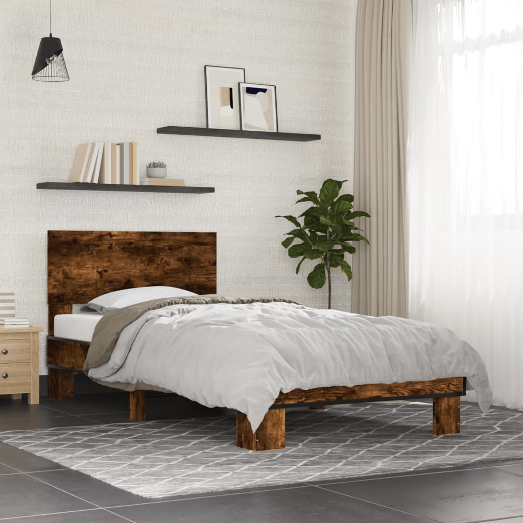Bedframe bewerkt hout en metaal gerookt eikenkleurig 90x200 cm is nu te koop bij PeponiXL, paradijselijk wonen!