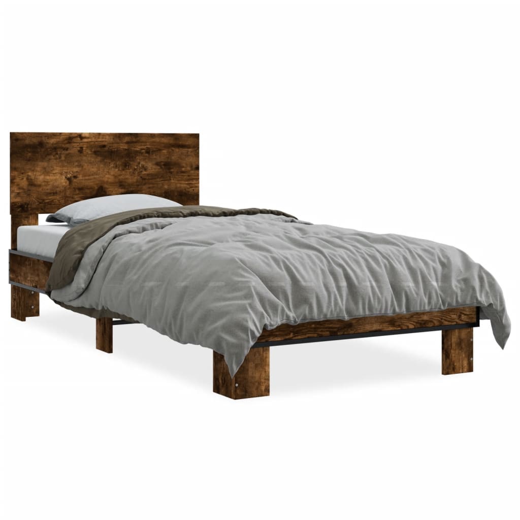 Bedframe bewerkt hout en metaal gerookt eikenkleurig 90x200 cm is nu te koop bij PeponiXL, paradijselijk wonen!
