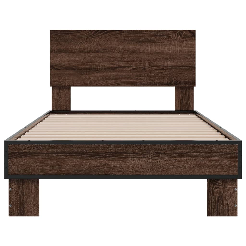 Bedframe bewerkt hout en metaal bruin eikenkleurig 90x200 cm is nu te koop bij PeponiXL, paradijselijk wonen!