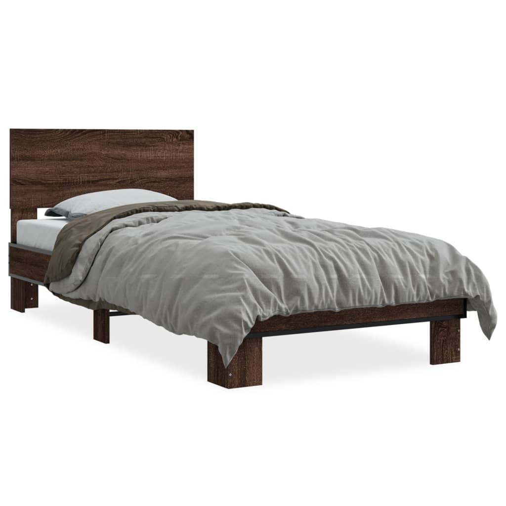 Bedframe bewerkt hout en metaal bruin eikenkleurig 90x200 cm is nu te koop bij PeponiXL, paradijselijk wonen!