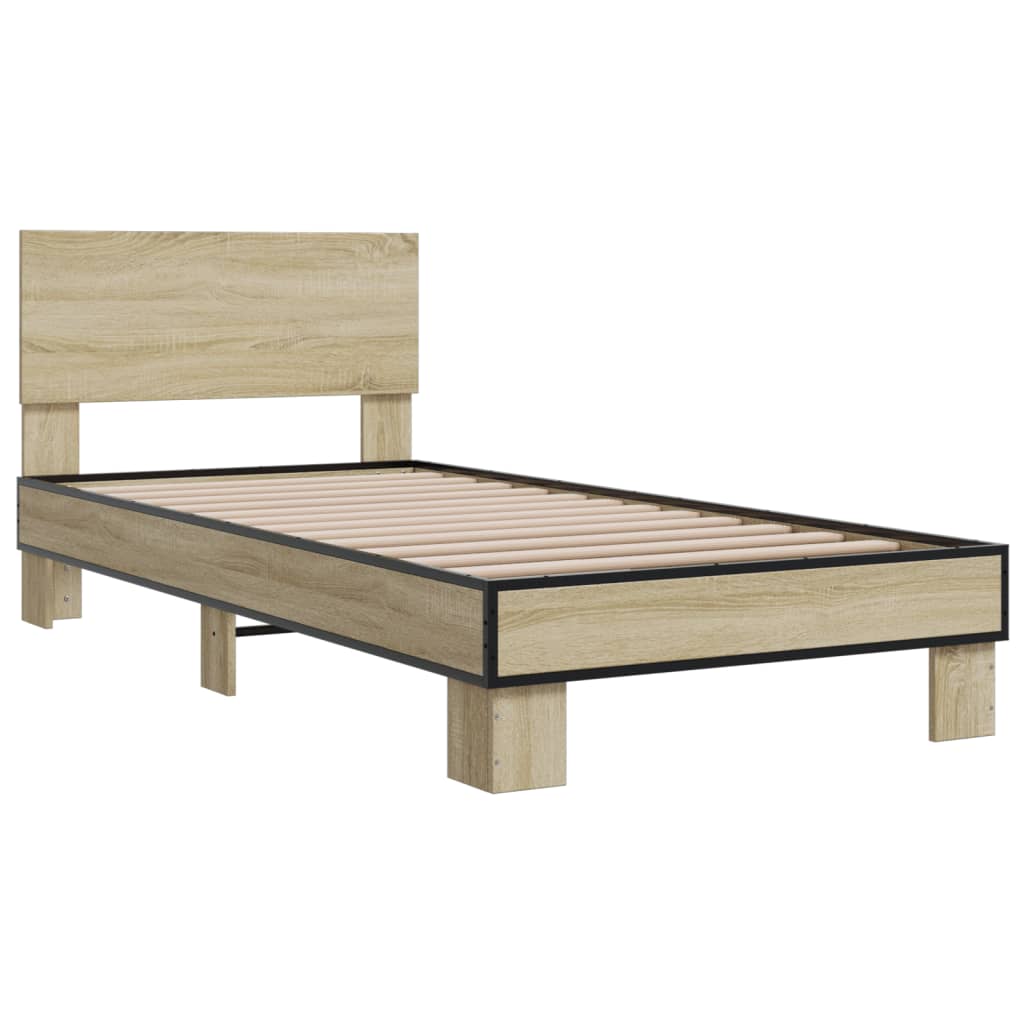 Bedframe bewerkt hout en metaal sonoma eikenkleurig 75x190 cm is nu te koop bij PeponiXL, paradijselijk wonen!