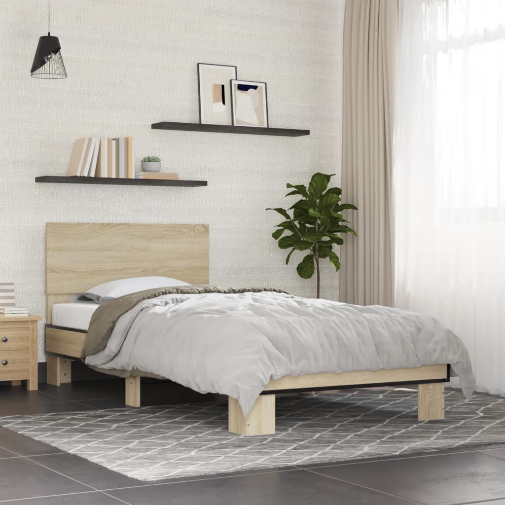 Bedframe bewerkt hout en metaal sonoma eikenkleurig 75x190 cm is nu te koop bij PeponiXL, paradijselijk wonen!