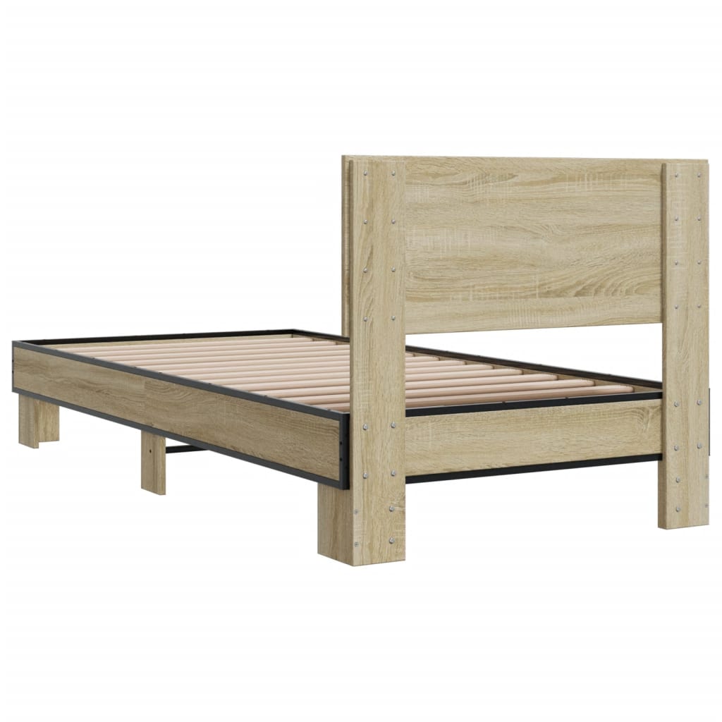 Bedframe bewerkt hout en metaal sonoma eikenkleurig 75x190 cm is nu te koop bij PeponiXL, paradijselijk wonen!