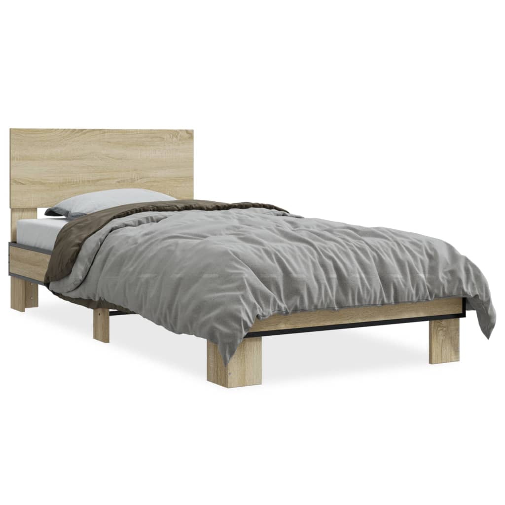 Bedframe bewerkt hout en metaal sonoma eikenkleurig 75x190 cm is nu te koop bij PeponiXL, paradijselijk wonen!