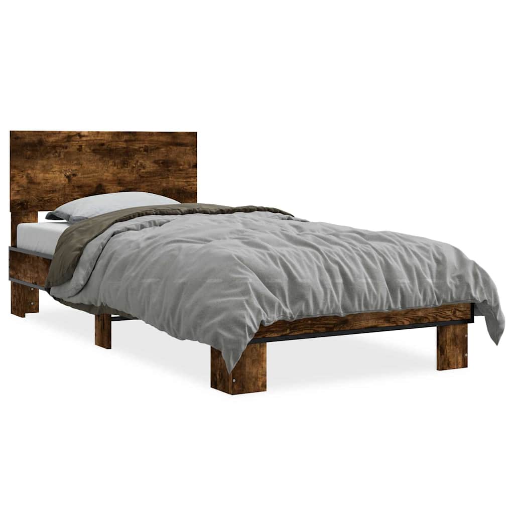 Bedframe bewerkt hout en metaal gerookt eikenkleurig 75x190 cm is nu te koop bij PeponiXL, paradijselijk wonen!