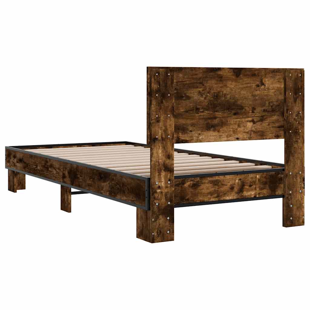 Bedframe bewerkt hout en metaal gerookt eikenkleurig 75x190 cm is nu te koop bij PeponiXL, paradijselijk wonen!