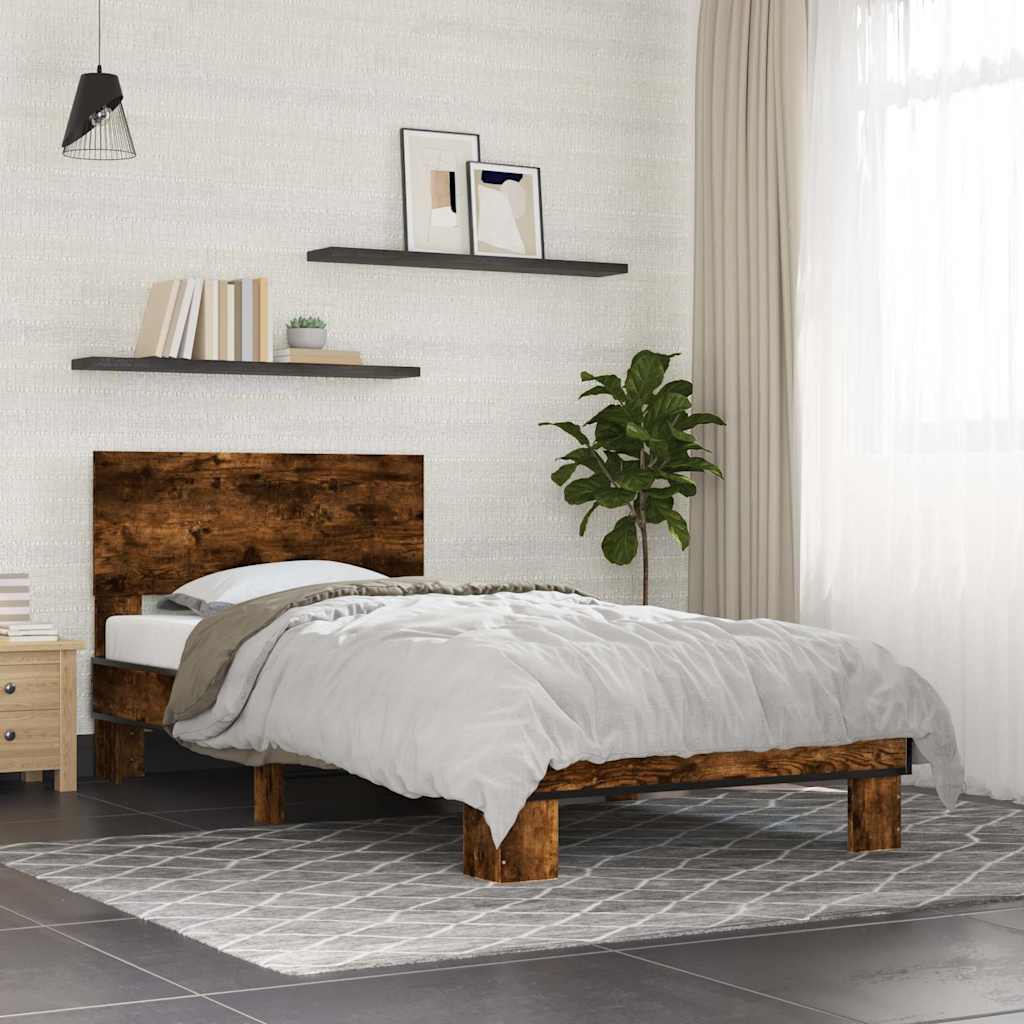 Bedframe bewerkt hout en metaal gerookt eikenkleurig 75x190 cm is nu te koop bij PeponiXL, paradijselijk wonen!