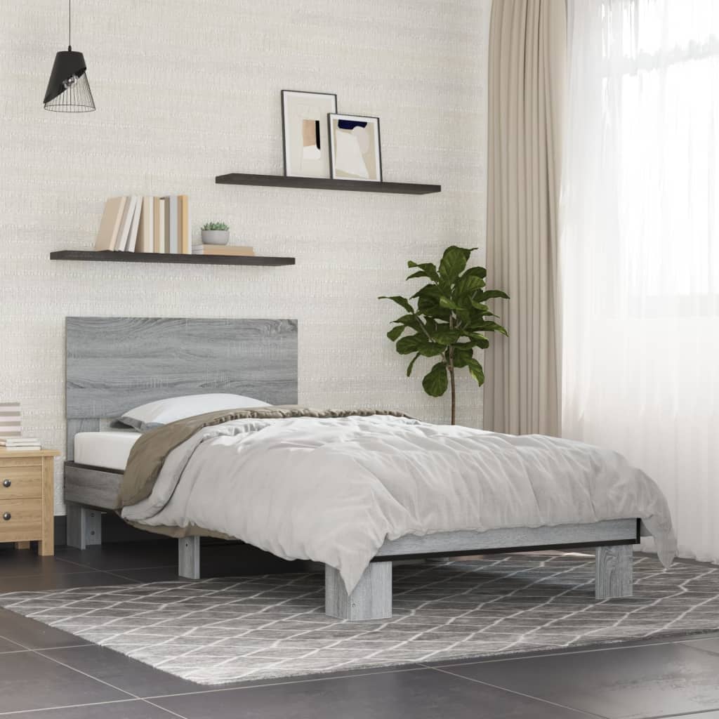 Bedframe bewerkt hout en metaal grijs sonoma eiken 75x190 cm is nu te koop bij PeponiXL, paradijselijk wonen!