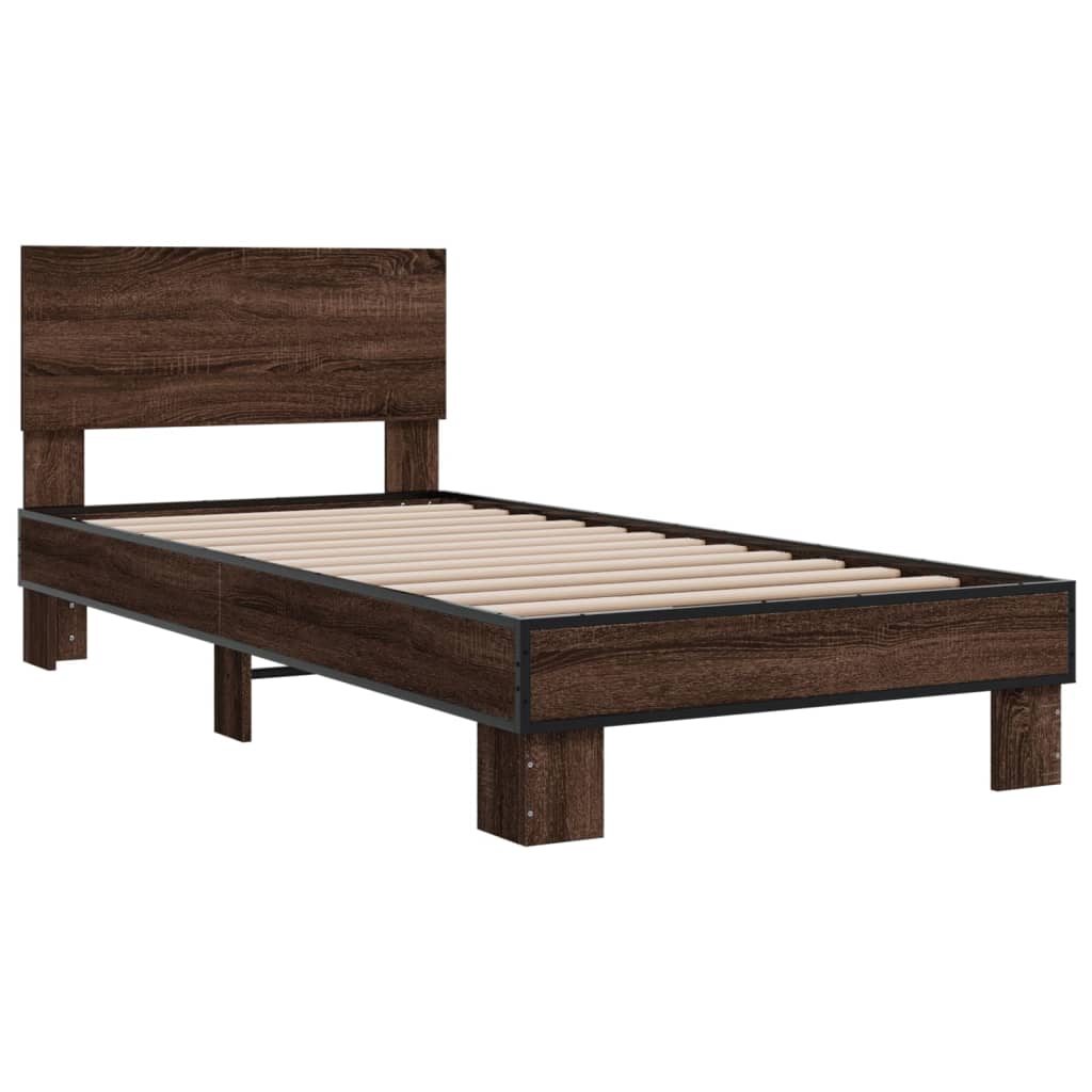 Bedframe bewerkt hout en metaal bruin eikenkleurig 90x190 cm is nu te koop bij PeponiXL, paradijselijk wonen!